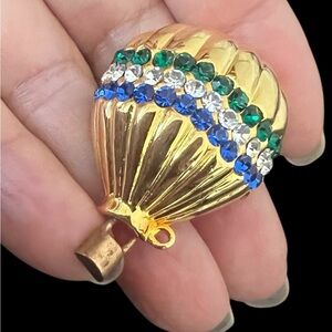 Gold tone Hot Air Balloon brooch with Blue and Green Crystals